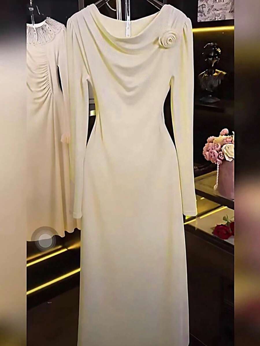 Franclia Váy suông cổ xếp nếp họa tiết hoa thanh lịch dành cho nữ, phong cách Pháp sang trọng - Màu be - Xem 1