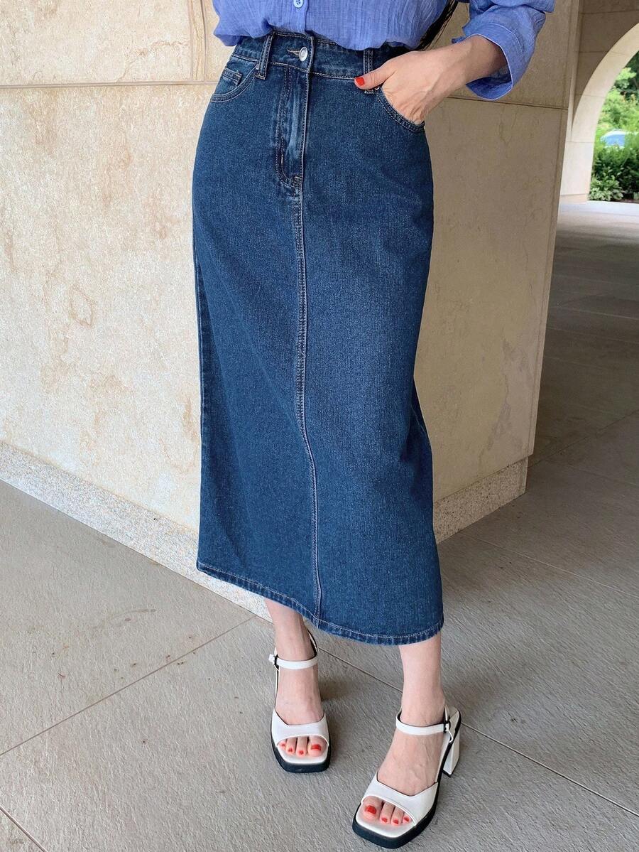 DAZY 女士口袋直筒宽松休闲通勤牛仔裙 - 中等水洗藍 - 查看 1