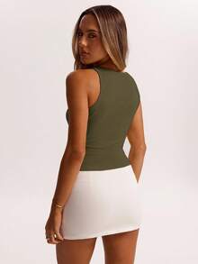 SHEIN BAE 夏季针织条纹圆领简约休闲上衣，适合早午餐、外出、约会、通勤休闲、邮轮旅行等场合，女士款，伊比沙岛 - 軍綠色 - 查看 2