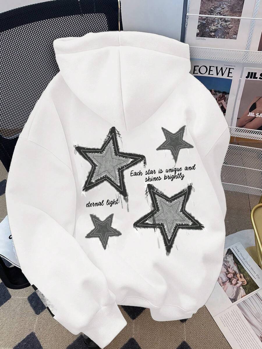 SHEIN Leap Crew 少女休闲简约个性五角星图案黑色长袖连帽宽松加厚时尚百搭卫衣,适合秋冬季节穿着。 - 白色 - 查看 1