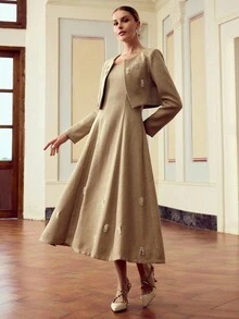 ZEYLAH Women's Floral Decor Long Sleeve Cardigan And Dress Elegant 2 Pieces Set Fall Cloth For Women