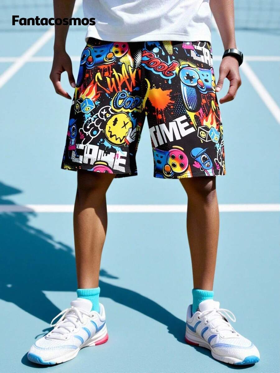 1pc Boys' Summer Graffiti Splash Print Gaming Console Beach Sports Shorts, Street Style