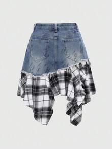 ROMWE Grunge Punk Romantic Punk, Collegiate Denim Patchwork Plaid Asymmetrical Hem Women Kpop Denim Mini Skirt - Blue - View 2