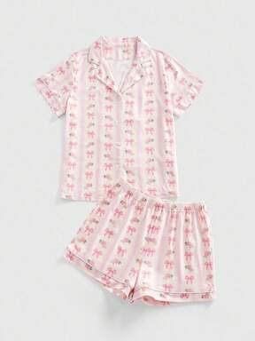 Kawaii Summer Casual Palace Style Butterfly & Floral Print Lapel Short Sleeve Shorts Women Pajama Set