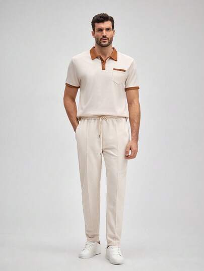  OFFICEAU 男士两件套运动套装，休闲短袖 Polo 衫 + 长裤，时尚拼接设计运动服，复古春夏款