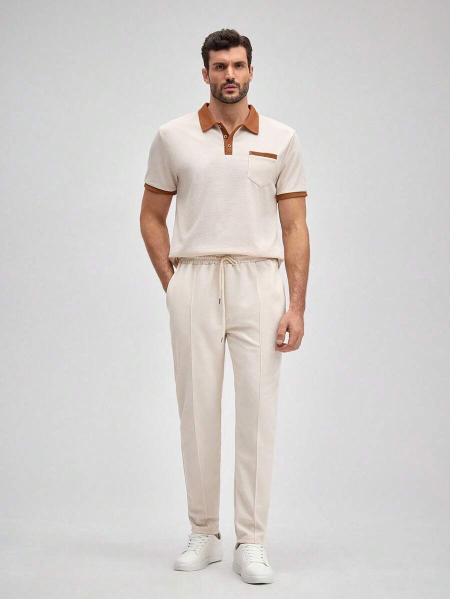 2 pezzi Tuta sportiva da uomo OFFICEAU, polo a maniche corte casual + pantaloni lunghi, outfit sportivo con design a patchwork, adatto dalla primavera all'estate - Cachi - Visualizzare 1