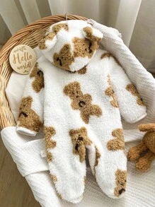 新生儿厚羊毛可爱棕熊印花白色底色婴儿长袖连帽连脚连体衣，冬季 - 杏色 - 查看 2