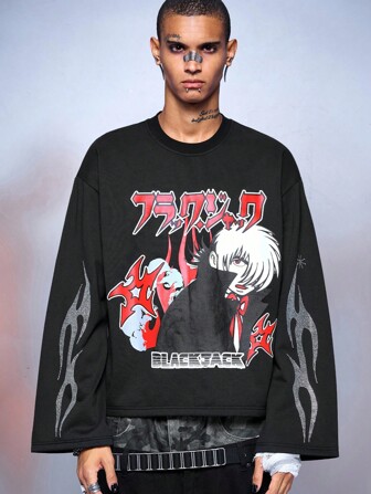Black Jack X ROMWE Street Life Sudadera negra de cuello redondo con gráfico de figura de dibujos animados para hombres