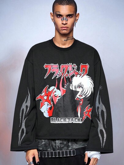Black Jack X ROMWE Street Life Felpa girocollo nera con grafica di figure cartoni animati per uomo
