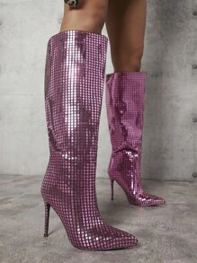 SHUZIA Pointed Toe Plaid Knee High Boots - Red - View 6