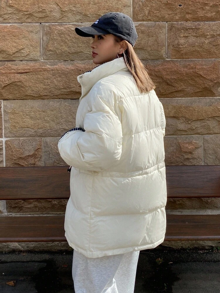 Contrast Color Loose Long Sleeve Cinched Waist Casual Thick Padded Coat For Women, Autumn/Winter Jacket