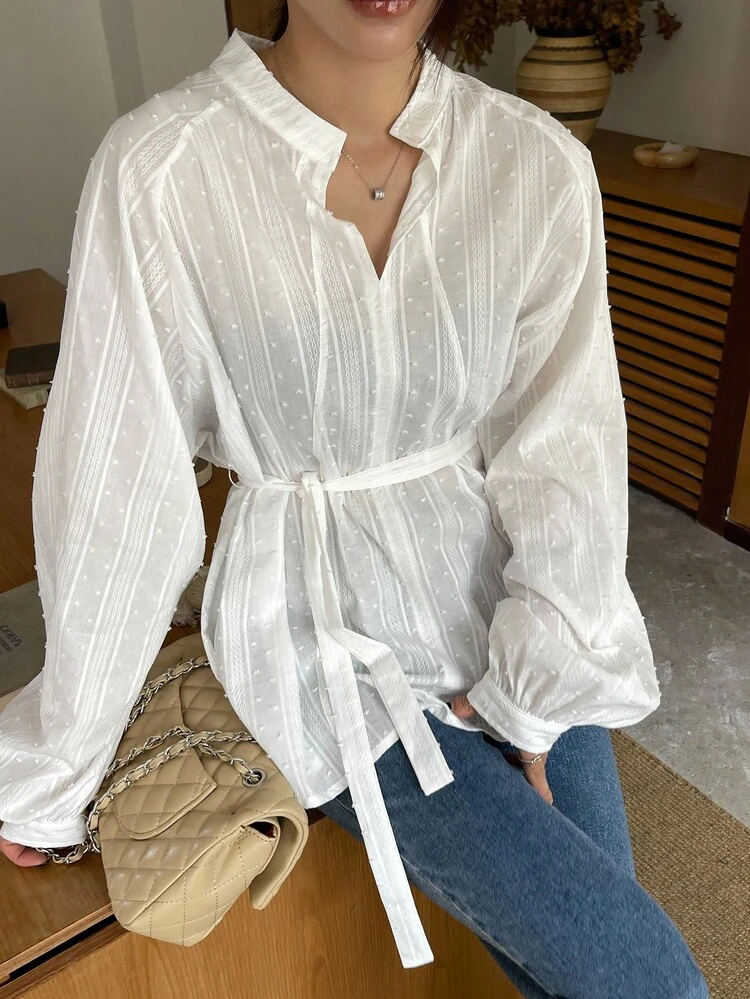 Women's Textured Fabric Stand Collar Half-Zip Waist Belt Decor Pullover Casual Shirt For School/Work Long Sleeve