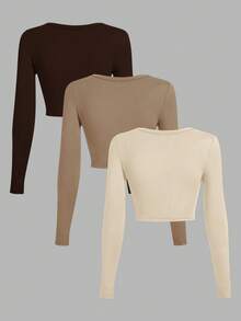 SHEIN EZwear 3件套休闲U领紧身短款长袖T恤，深棕色，卡其色，浅杏色，适合秋冬 - 彩色 - 查看 2