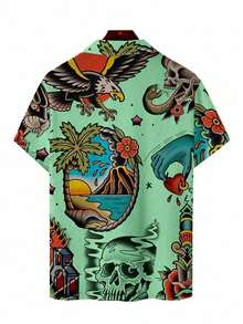 Manfinity RSRT 男士休闲度假骷髅和热带印花短袖衬衫 男士夏威夷衬衫 纽扣衬衫 男士卡通衬衫 纹身衬衫 男士图案夏威夷衬衫 衬衫 - 薄荷綠 - 查看 2