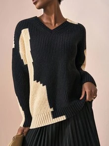 Zivah 2025 Autumn/Winter New Elegant Party, Formal Occasion, Daily, Date, Work Commute Versatile V-Neck Long Sleeve Loose Women Pullover Sweater Top - B - Black and White - View 2