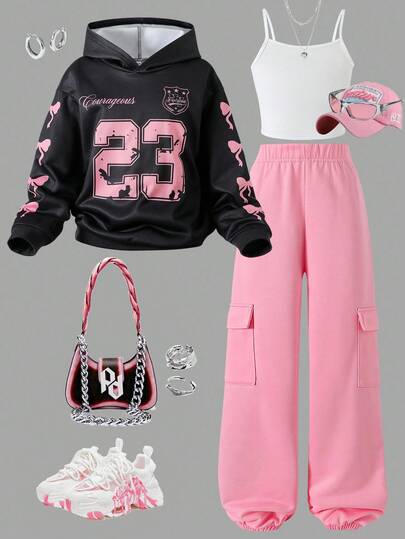 Tween Girls 复古美式数字印花长袖蝴蝶结运动衫，休闲运动宽松连帽套头衫 + 紧身吊带背心 + 高腰宽松美式哈伦登山裤套装