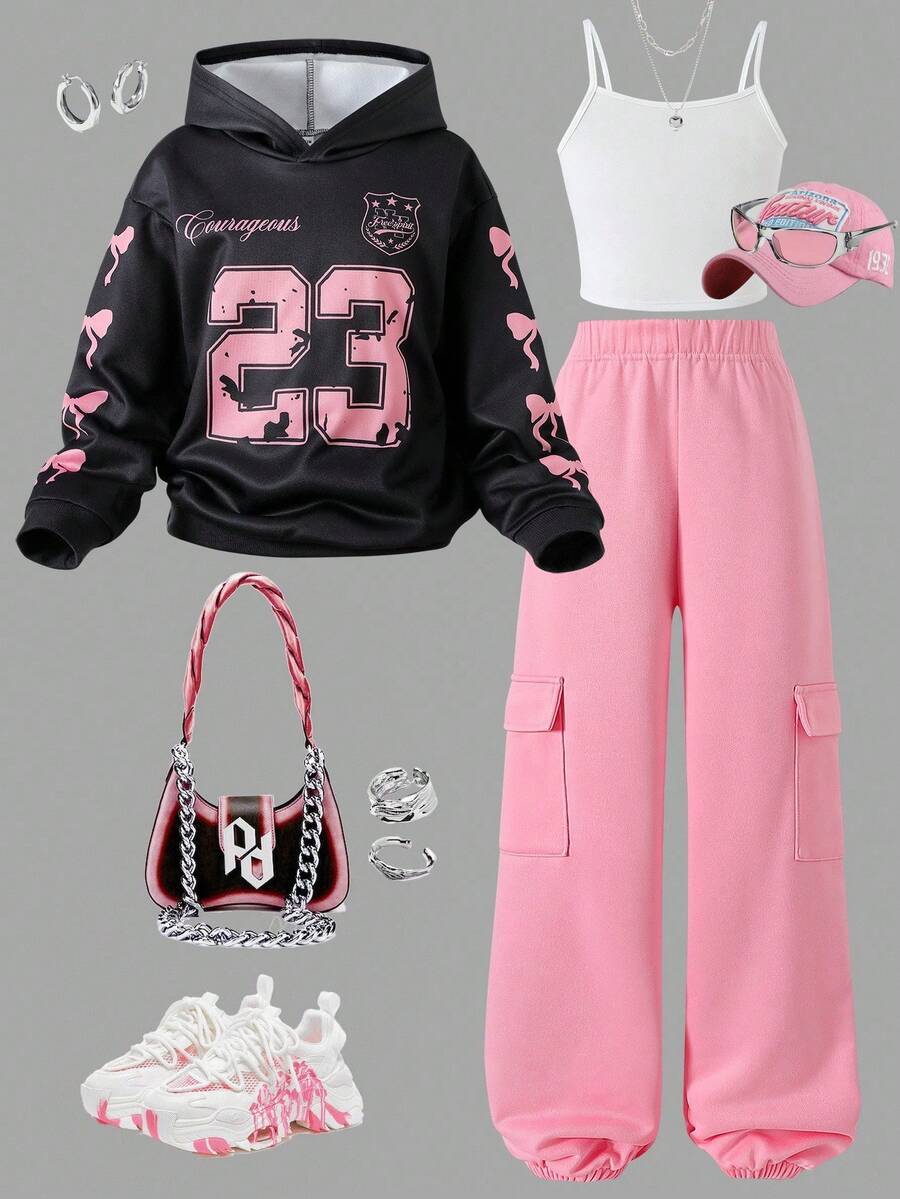 Tween Girls 复古美式数字印花长袖蝴蝶结运动衫，休闲运动宽松连帽套头衫 + 紧身吊带背心 + 高腰宽松美式哈伦登山裤套装 - 彩色 - 查看 1