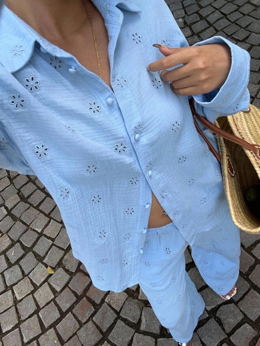 Sunnyshic 2pcs Women Casual Vacation Loose Long Sleeve Embroidered Blouse And Wide Leg Pants Set, Autumn/Winter - Blue - View 1