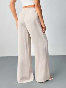 SHEIN Tall Quần ống rộng ống rộng buộc eo màu trơn cho nữ, quần mặc mùa thu, quần sang trọng cho nữ, tiệc cưới, quần dài bằng vải satin, hiệu ứng bóng, giản dị và thoải mái. đi chơi - Màu be - Xem 2