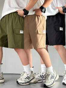 3 件套青少年男孩宽松休闲梭织网色休闲简约基本百搭纯色运动工作服短裤多色多件套，买一送二，买三送一适合春夏季节 - 軍綠色 - 查看 6