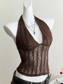 SHEIN Unity Women's Casual Sexy Fitted Tie-Up Backless Crop Top, Summer - Brown - View 3