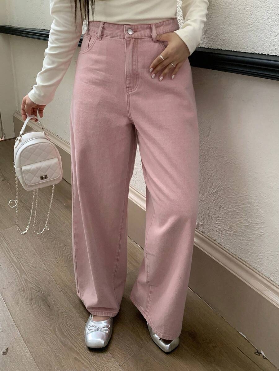 DAZY Quần jeans ống rộng thêu hình trái tim, dáng rộng, thoải mái, size lớn dành cho nữ, phù hợp với mọi mùa - Hồng - Xem 1