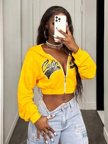 BamGleam 女式落肩字母印花拉链连帽休闲运动衫秋冬款黄色连帽衫 - 黃色 - 查看 6