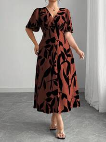 Vestido de mujer de elegancia francesa, versátil, con escote en V, cintura ceñida, línea A, decoración con botones, volante en el bajo, manga farol hasta la mitad, adecuado para ir al trabaj - Óxido marrón - Ver 3