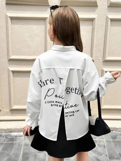 SHEIN Tween 女童休闲宽松雪纺衬衫，后开衩，带花卉图案