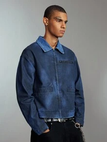 ROMWE MEN Street Life Áo khoác denim dáng rộng thoải mái có khóa kéo phía trước dành cho nam, mùa thu - Màu xanh hải quân - Xem 7