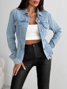 EURMUSE Women's Casual Washed Fitted Denim Jacket - Medium Wash - View 4