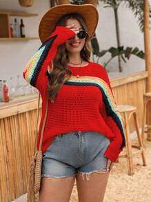 EMERY ROSE Plus Rainbow Knit Hollow Out Pullover Sweater,Red Sequin,Autumn,Boho,Vacation,Pride Month Long Sleeve Outerwear,Sun Protection,Club,Party,Birthday - Red - View 3