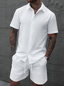 Manfinity Homme 纹理白色休闲翻领短袖衬衫