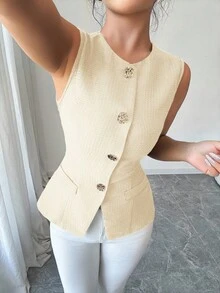 Elenzga 时尚无袖收腰黑色夹克，金色纽扣装饰，适合春夏季日常穿着