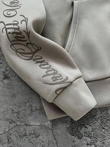 SHEIN Bolty Teen Boys' Grey Minimalist Oversized Handwritten Letter Floral Print Sweatshirt, Casual, Comfortable, Fashionable, Versatile, Soft Fabric, Suitable For Daily Wear, School, Outings, Outdoor Activities, Autumn/Winter Grey Zip Up Sweatshirt Teen Boys Zip Up Sweatshirt Urban Graphic Sweatshirt Grey Urban Sweatshirt Fall - Grey - View 5