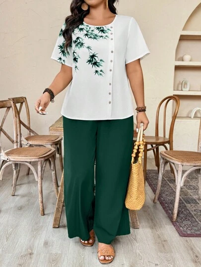 EMERY ROSE Conjunto informal holgado de talla grande para mujer con cuello redondo, estampado de plantas, botones asimétricos y decoración, 2025 Nuevo