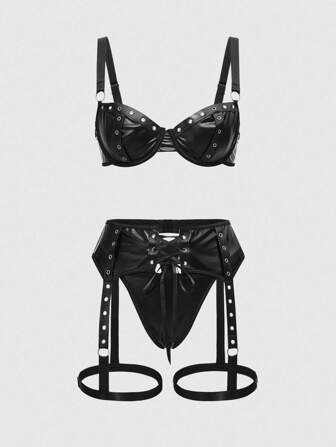 Grunge Punk Punk Rock Music Festival Corset PU Lace-Up Sexy Lingerie Set
