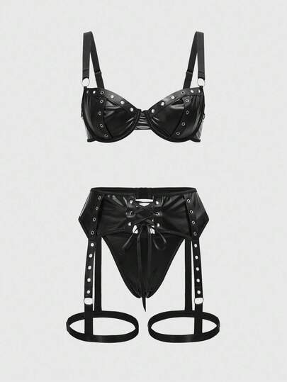 Grunge Punk Punk Rock Music Festival Corset PU Lace-Up Sexy Lingerie Set