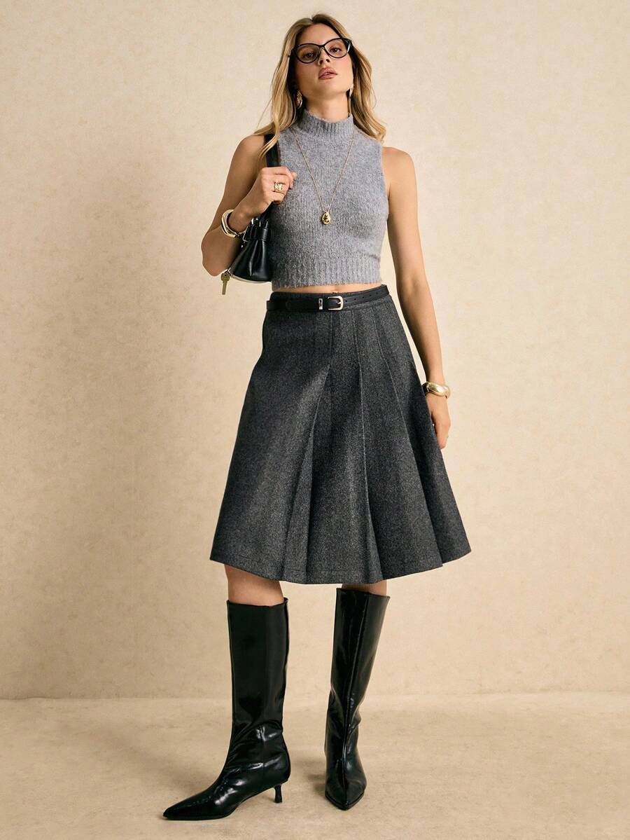 Poéselle Women's Skirts, Tweed Skirts, Asymmetrical Design, Gray Midi Skirts, Women's Bottoms, Warm Women's Casual Commuter Collegiate Style Zip-Up Pleated Knee-Length A-Line Skirt, Autumn/Winter (Belt Not Included) Women's Bottoms Long Skirts Fall Clothes For Women Autumn Outfits For Women Winter Clothes For Women Women's Winter Clothes