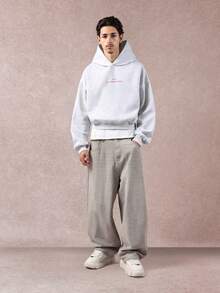 SUMWON Crop Fit Urban Street Style Fleece Hoodie With Stylish Back Script Print Drawstring Hood Casual Everyday Wear Fall Winter Loungewear Minimal Design - Light Grey - View 4
