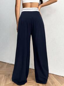 SHEIN EZwear 秋冬女士时尚休闲海军蓝撞色口袋宽松长裤 - 藏蓝色 - 查看 2