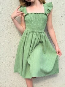 青少年女孩休闲优雅学院风连衣裙，绿色无袖纹理面料 A 字裙，蝴蝶结交叉肩带，适合户外、度假和上学，春夏季 - 綠色 - 查看 5