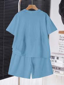 SHEIN 2 件套青少年男孩休闲时尚经典酷炫卡通兔子图案印花短袖圆领套装，适合夏季 - 彩色 - 查看 3
