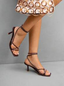 CUCCOO SZL Square Toe Low Heel Minimalist Brown PU Strap Women's High Heel Sandals For Christmas Spring Shoes - Brown - View 3