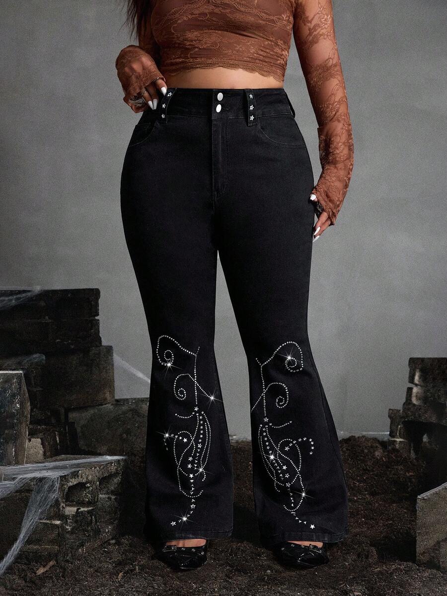 Flirla Plus Size Jeans Punk Western Pants Cowgirl Pants Graphic Jeans Cowboy Pants For Women Goth Pants - Black - View 1