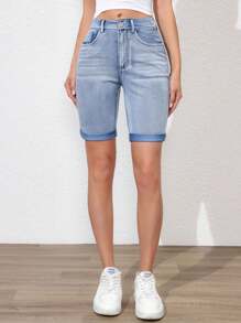 Flexra 纯色弹力贴身口袋牛仔短裤，夏季时尚 - 淺色水洗藍 - 查看 4
