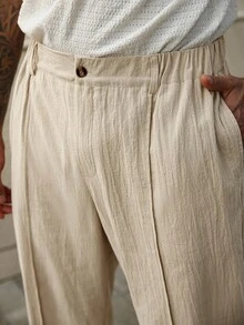 Manfinity Homme Pantaloni casual in lino da uomo taglie forti, con cuciture frontali, colore tinta unita, adatti per l'autunno - Cachi - Visualizzare 2