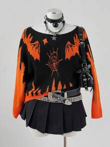 Sunspun Halloween Bat Prints Orange And Black Plus Size Sweaters Winter Fall Autumn