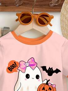 SHEIN 万圣节女婴休闲可爱怪异搞笑卡通鬼魂、蝙蝠、蝴蝶结南瓜“BOO”印花短袖圆领裤套装，适合春夏季 - 彩色 - 查看 4