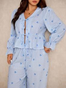 Elaquor Plus Size Women Casual Striped Bow Print Tie Front Top & Pants 2 Pieces Set - Blue - View 8